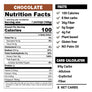 Nutrition facts label for chocolate with serving size, calories, and nutritional information.